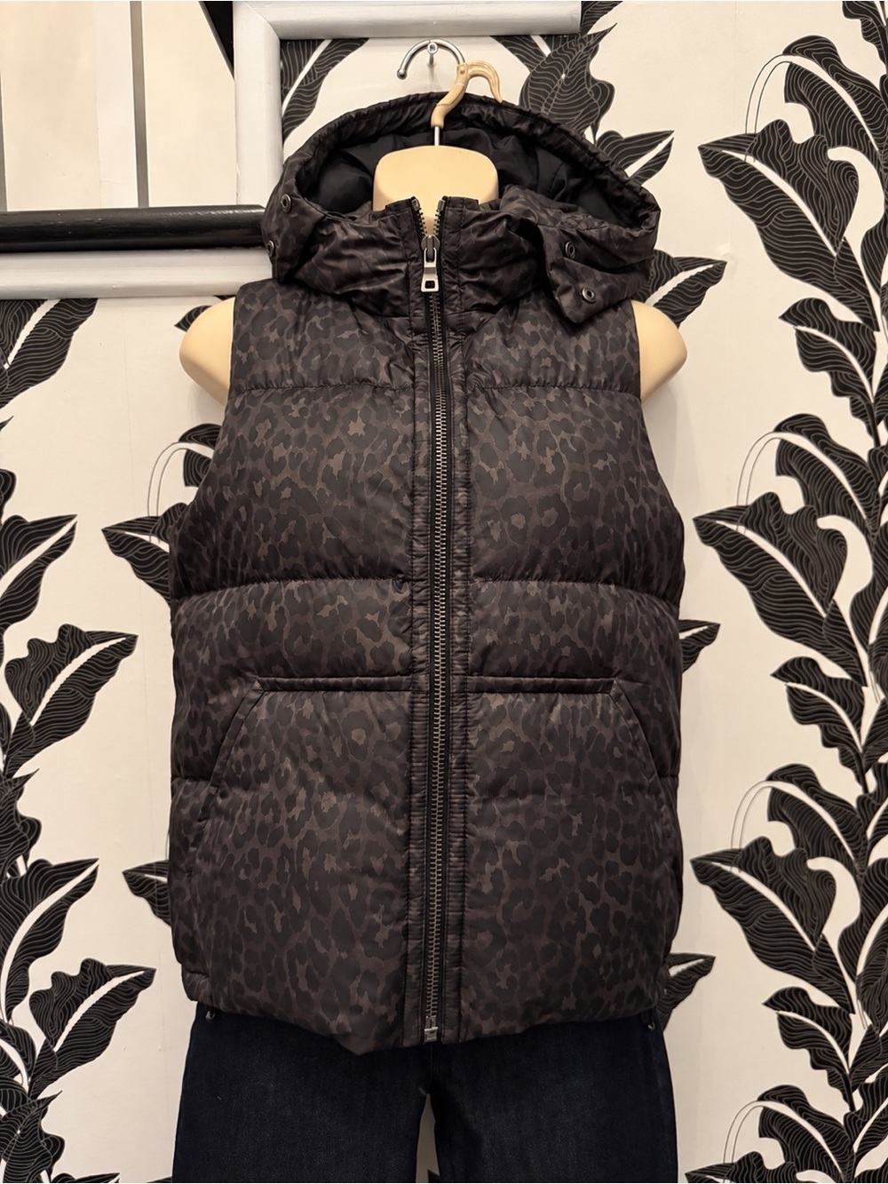 Coach Leopard Print Hooded Puffer Vest Brown Black XS